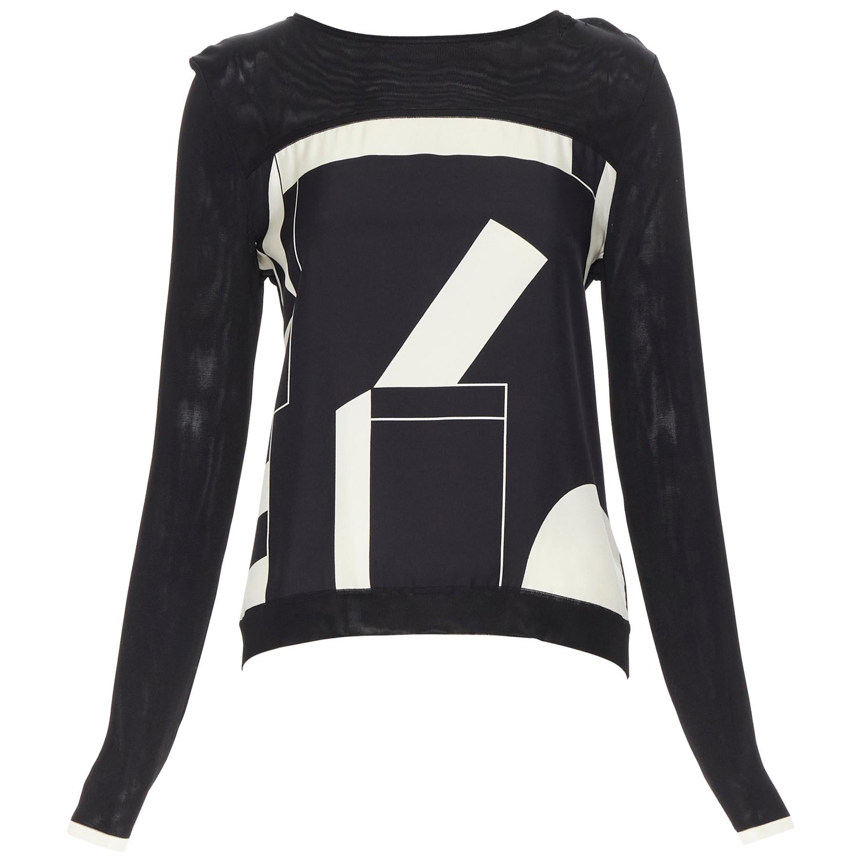 HERMES black white geometric silk print panel knit viscose pullover sweater FR34