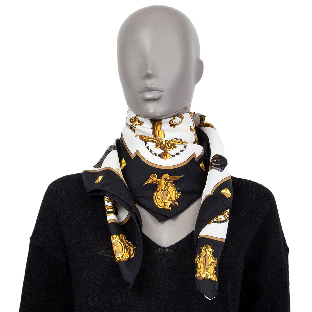 Hermes black & white LES CLES 90 silk twill Scarf 2
