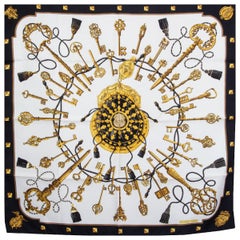 Hermes black & white LES CLES 90 silk twill Scarf