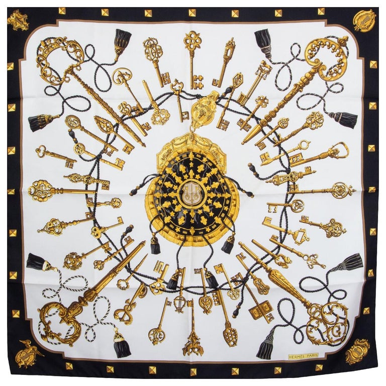 HERMES black white silk twill LES CLES 90 Scarf