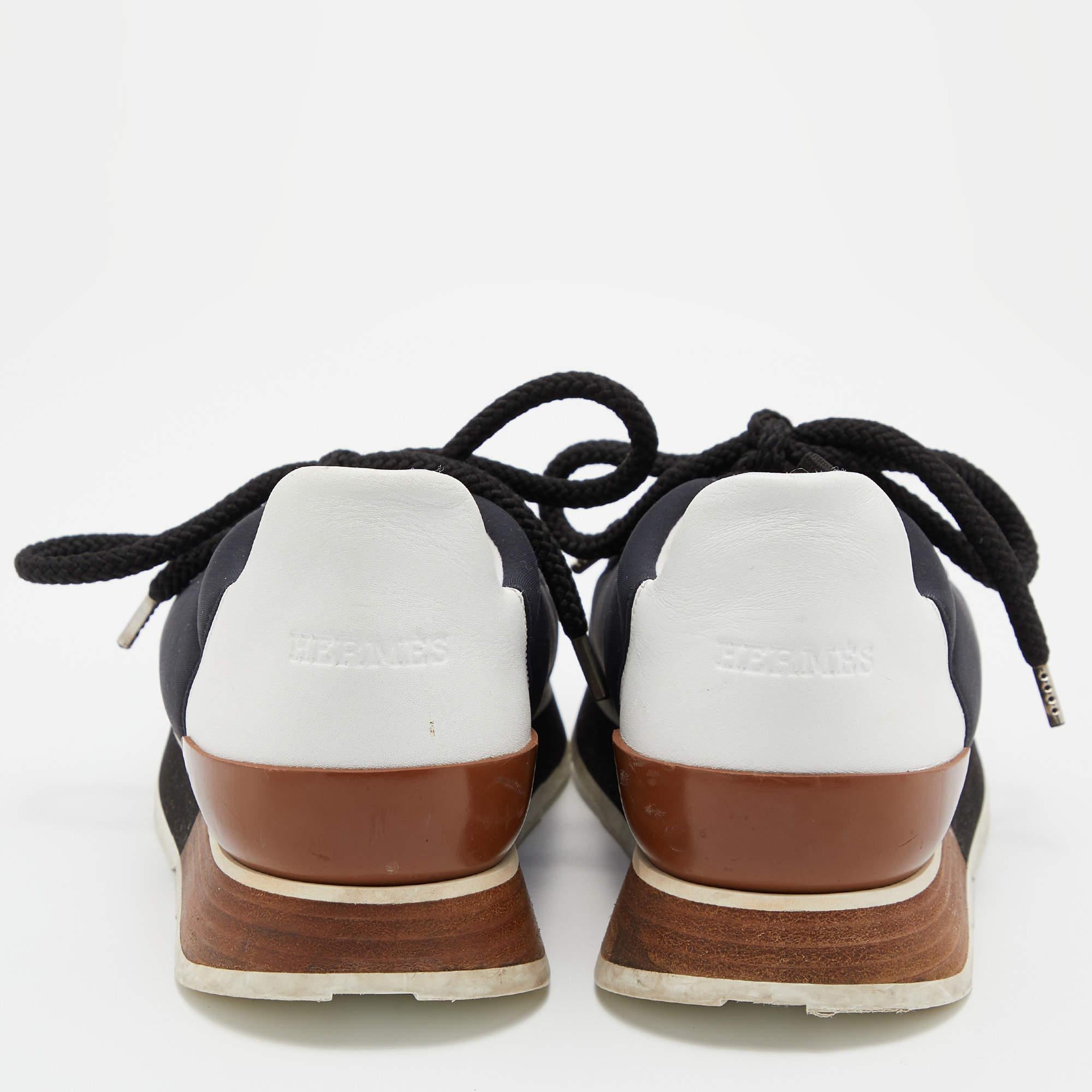 Hermes Black/White Nylon, Suede and Leather Buster Sneakers Size 37 In Good Condition In Dubai, Al Qouz 2