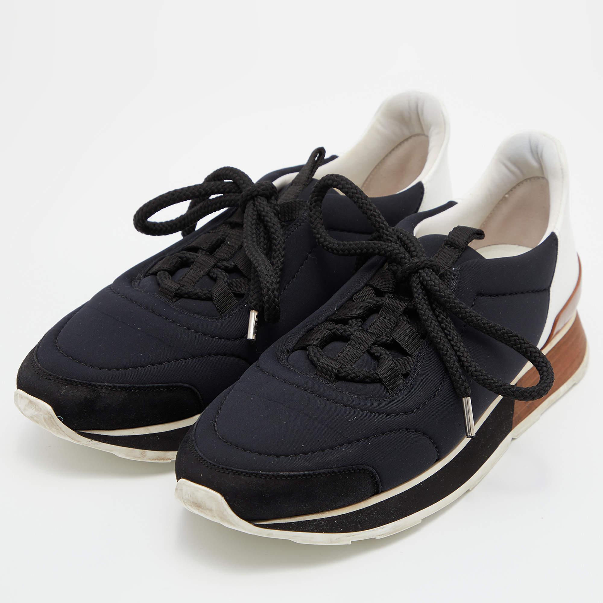 Women's Hermes Black/White Nylon, Suede and Leather Buster Sneakers Size 37