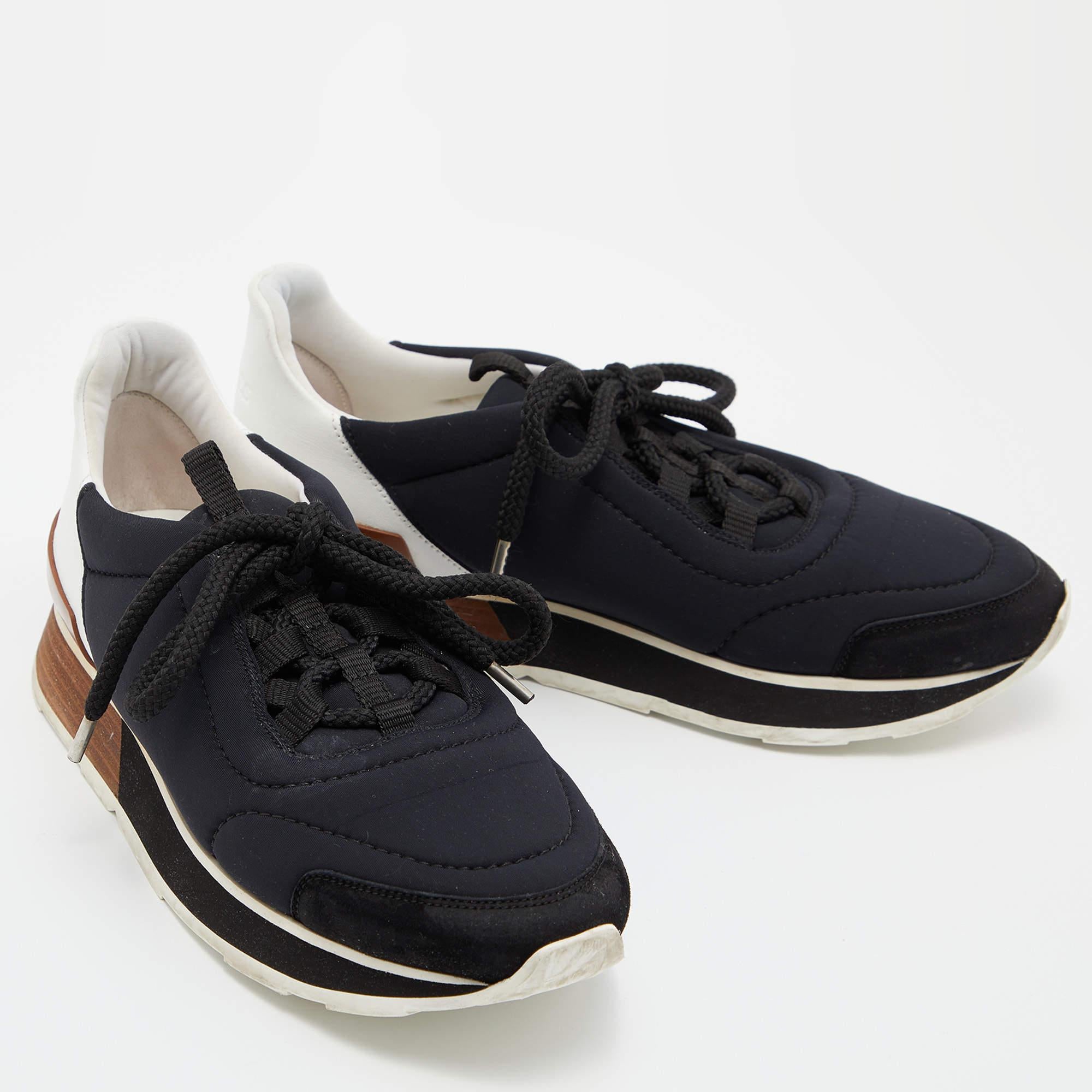 Hermes Black/White Nylon, Suede and Leather Buster Sneakers Size 37 1