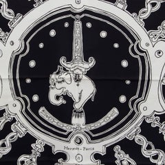 HERMES black & white silk SERIO LUDERE 90 Twill Scarf Noir Blanc Noir
