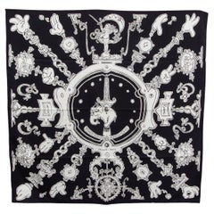 HERMES black & white silk SERIO LUDERE 90 Twill Scarf Noir Blanc Noir