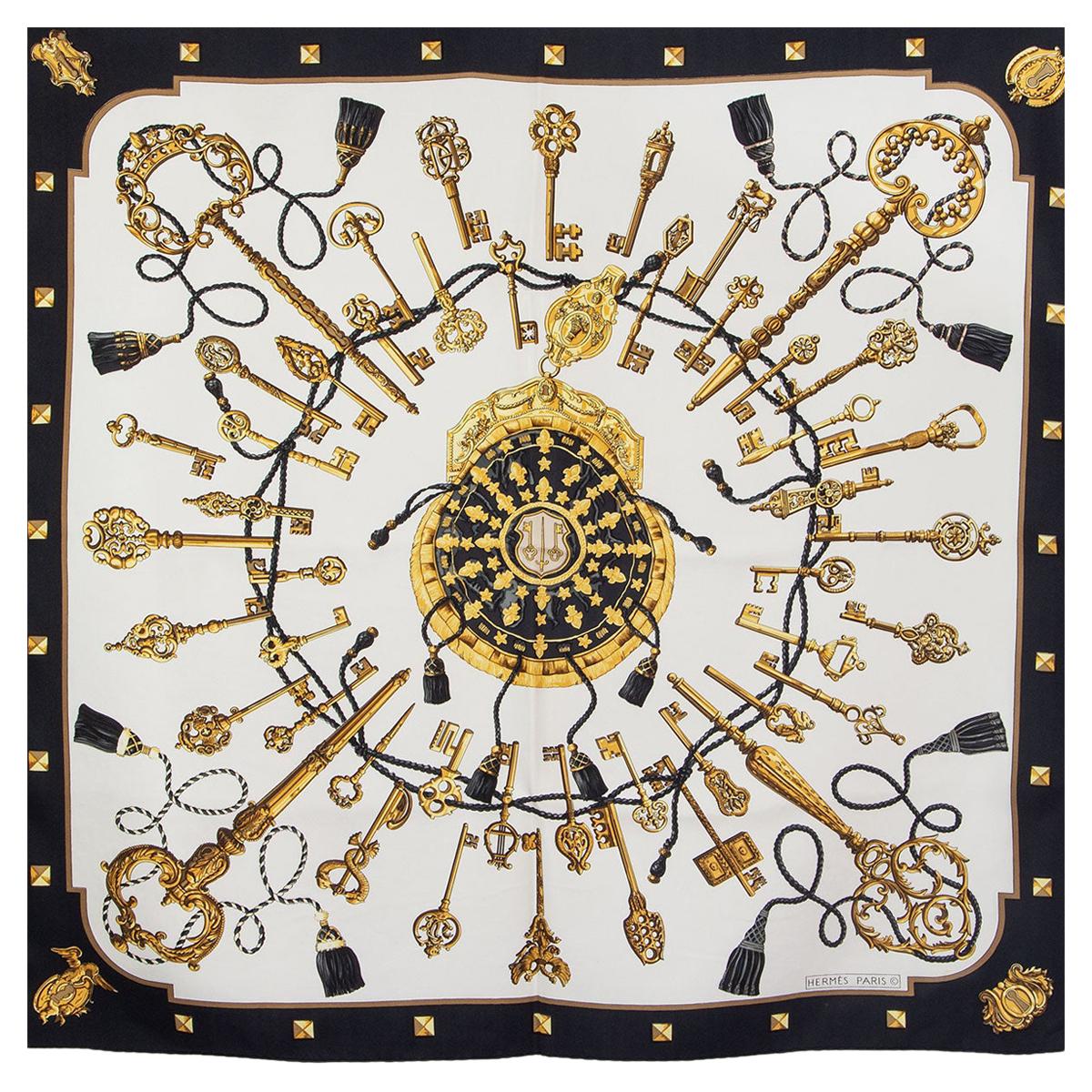 HERMES black white silk twill LES CLES 90 Scarf
