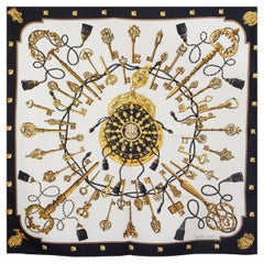 HERMES black white silk twill LES CLES 90 Scarf