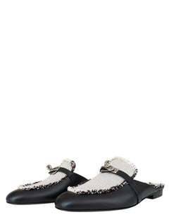 Hermes Black/White Toile Calfskin Fringe Oz Mules sz 39.5 with Kelly Buckle