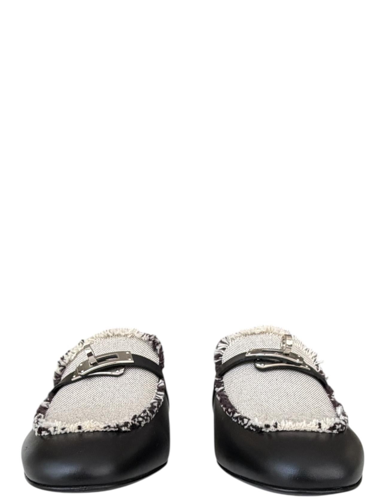 Donna Hermes Nero/Bianco Toile Pelle di Vitello Frange Oz Mules sz 39.5 con Fibbia Kelly in vendita