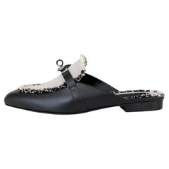 Hermes Black/White Toile Calfskin Fringe Oz Mules sz 39.5 with Kelly Buckle