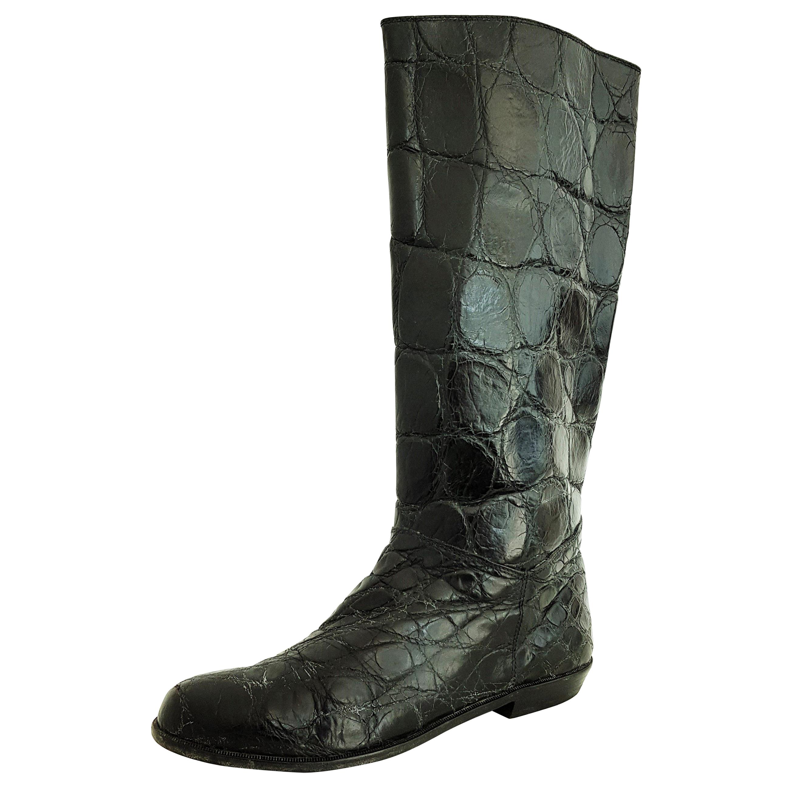 Hermès Black Wild Crocodile Boots - Size 10 (US) For Sale