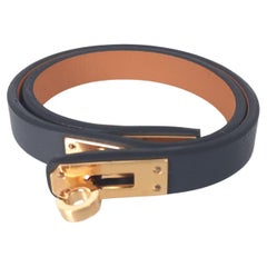 Bracelet Hermes Mini Kelly Double Tour Noir avec fermetures en or  taille T2
