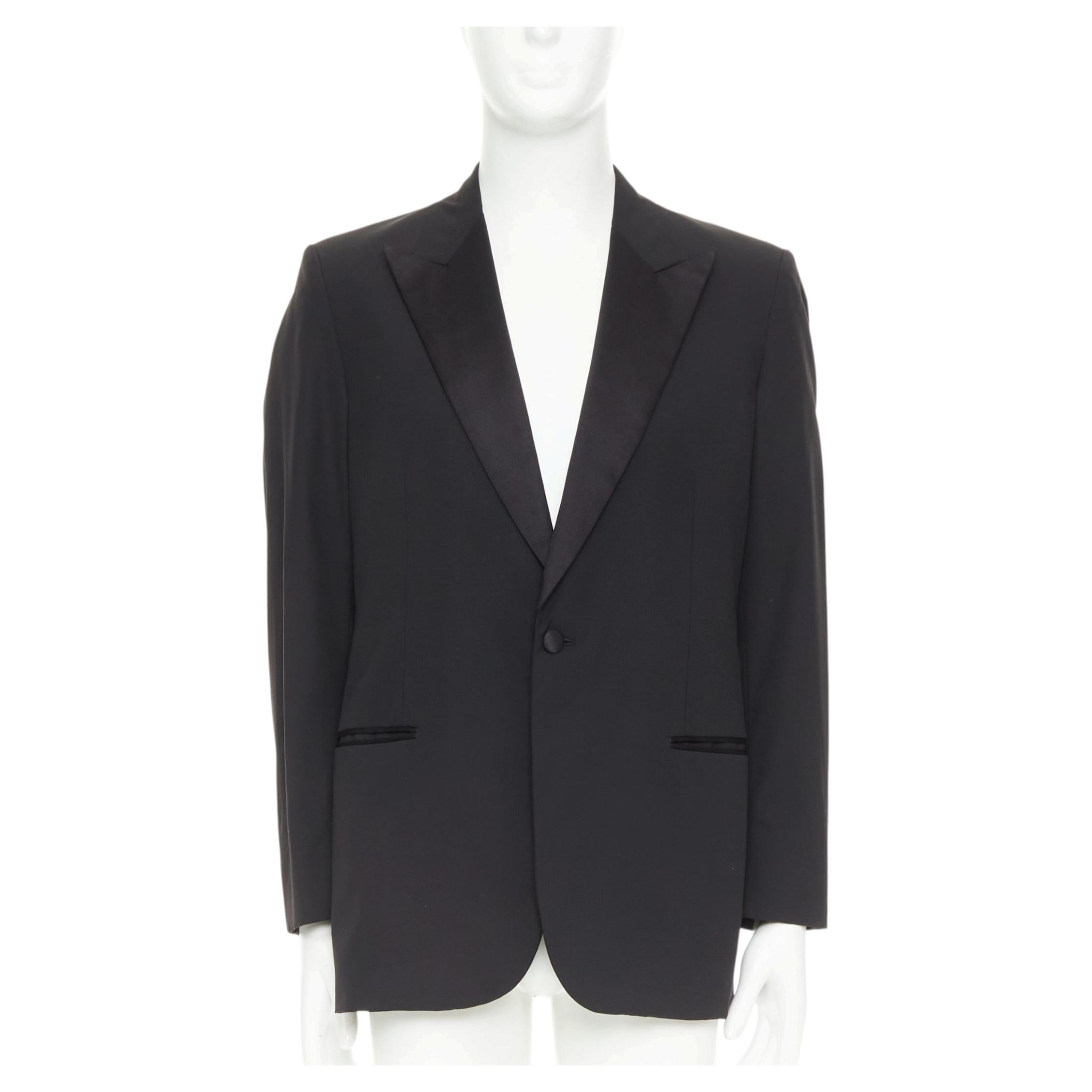 HERMES black wool blend satin peak lapel logo silk lined tuxedo blazer EU50 L