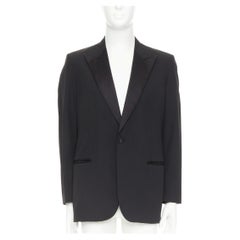 HERMES black wool blend satin peak lapel logo silk lined tuxedo blazer EU50 L