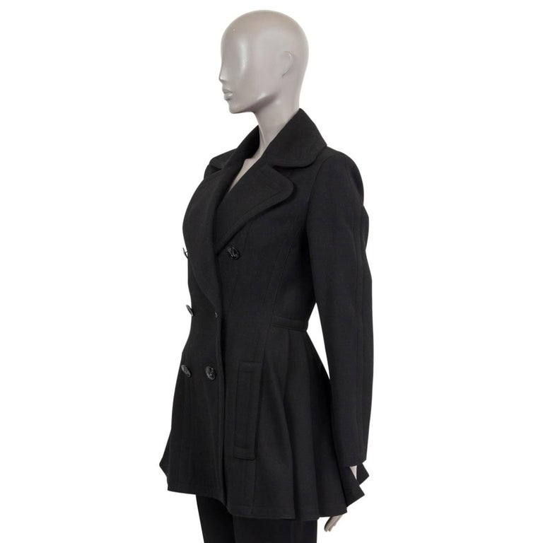 HERMES black wool DOUBLE BREASTED FLARED Peacoat Coat Jacket 36 XS For
