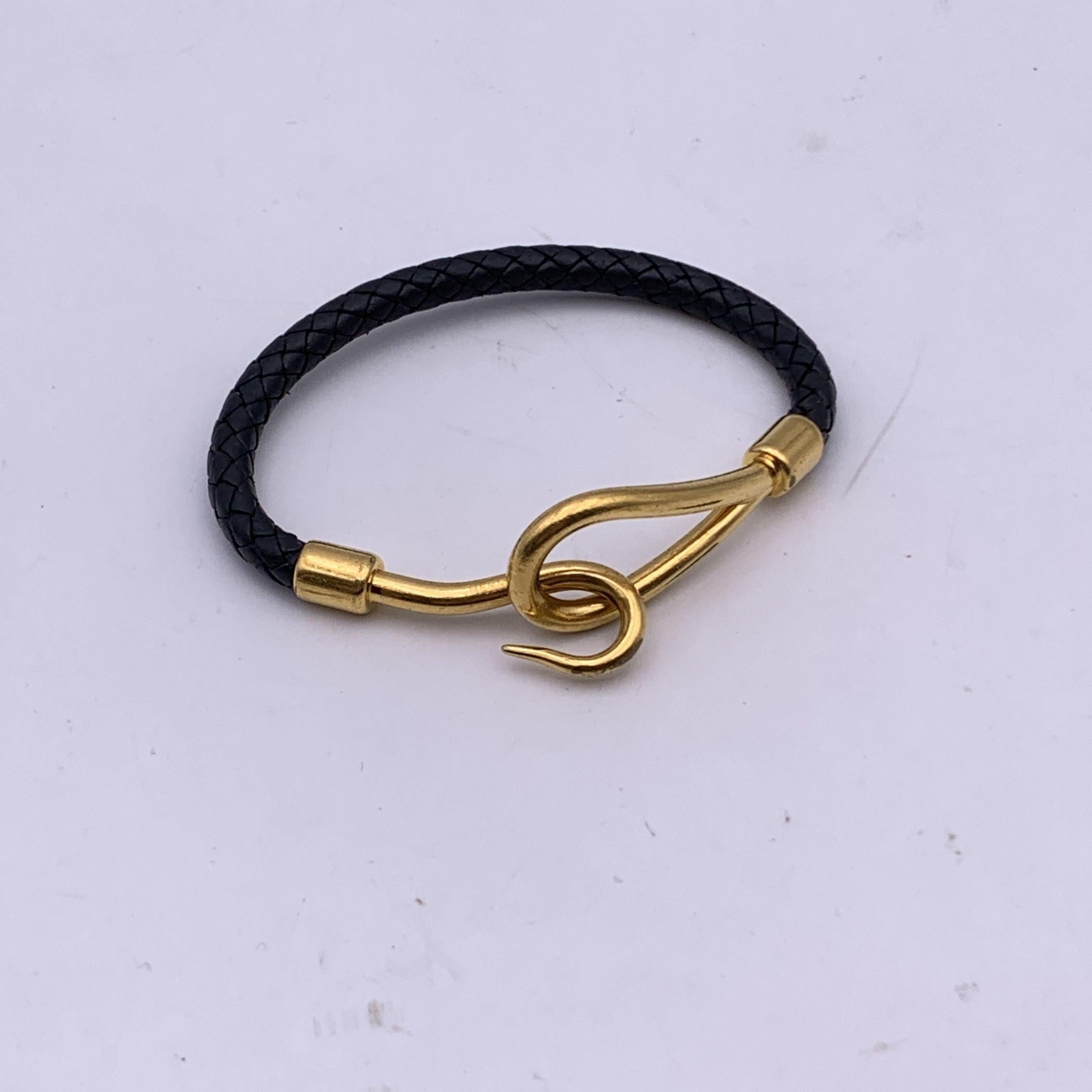 Women's Hermes Black Woven Leather Gold Metal Jumbo Hook Bracelet For Sale