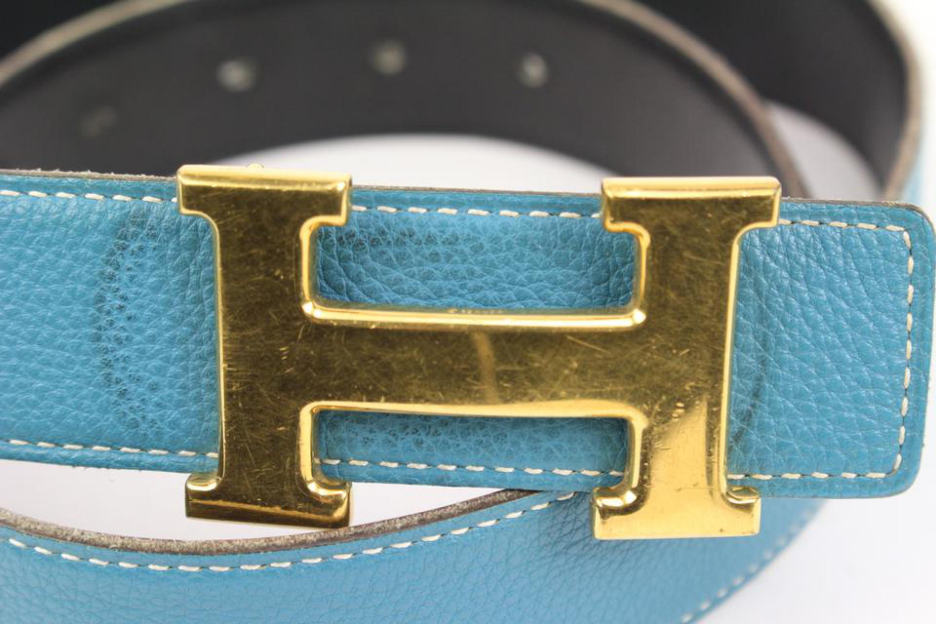 Hermès Black x Blue Jean x Gold 32mm Reversible H Logo Belt Kit 41h55 For Sale 5