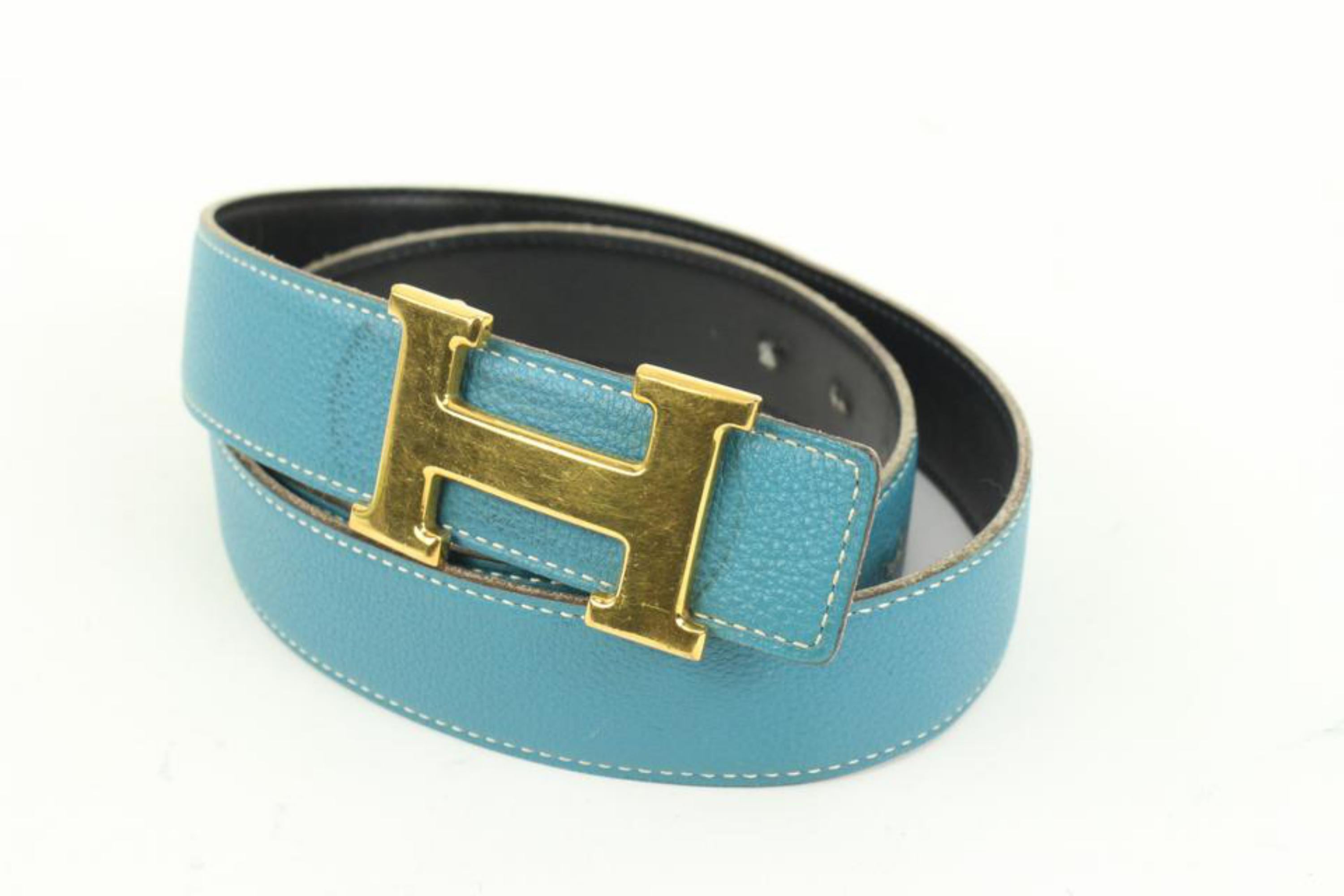 Hermès Black x Blue Jean x Gold 32mm Reversible H Logo Belt Kit 41h55
Date Code/Serial Number: J in s Square
Made In: France
Measurements: Length:  37.4