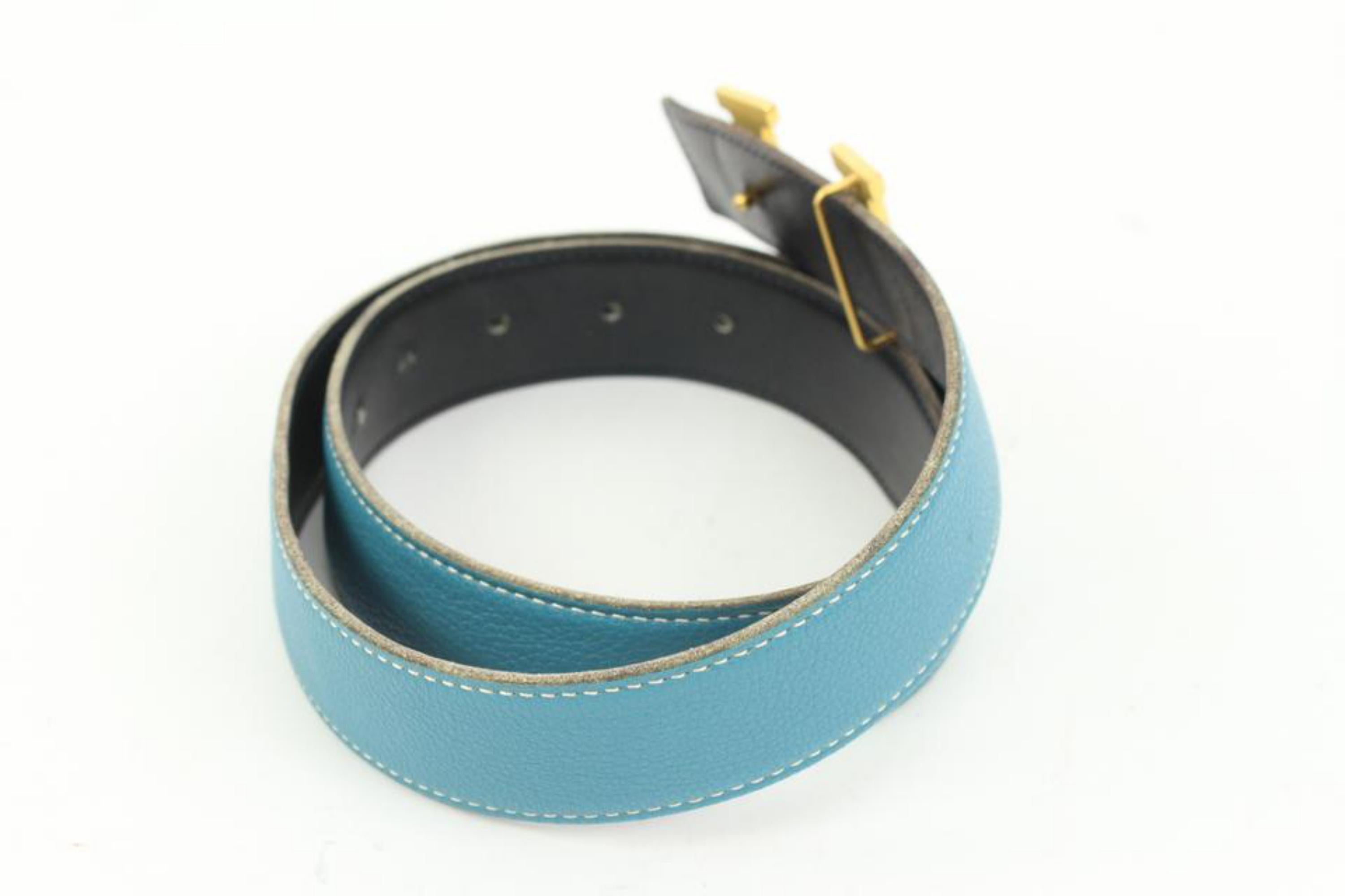 Hermès Black x Blue Jean x Gold 32mm Reversible H Logo Belt Kit 41h55 In Good Condition For Sale In Dix hills, NY