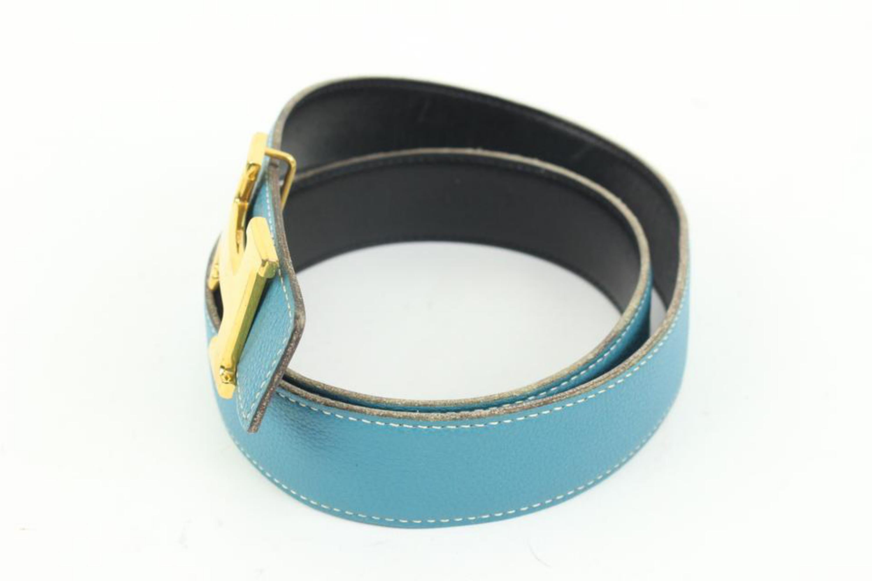 Hermès Black x Blue Jean x Gold 32mm Reversible H Logo Belt Kit 41h55 For Sale 1