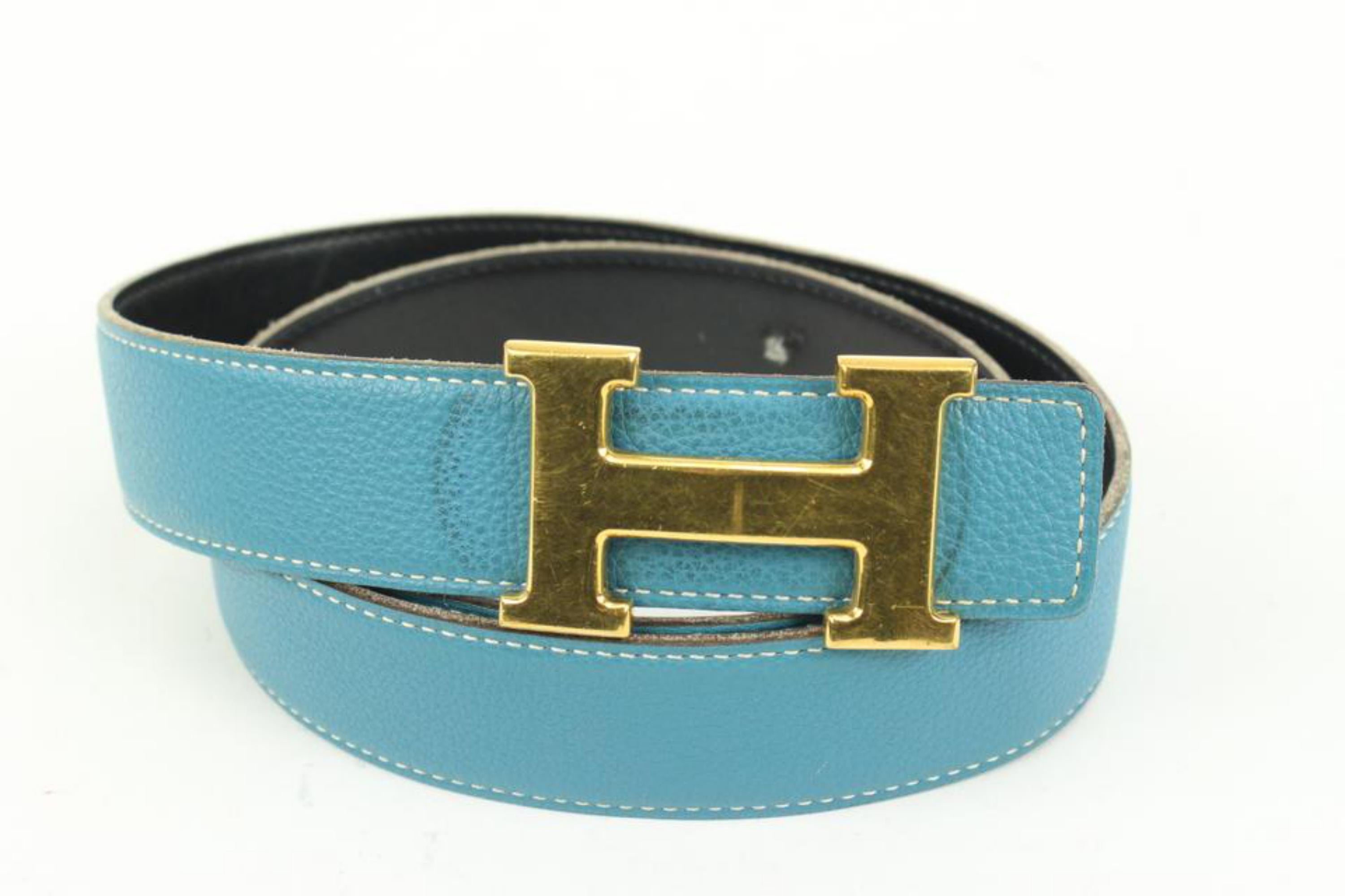 Hermès Schwarz x Blau Jean x Gold 32mm Reversible H Logo Gürtel Kit 41h55