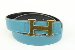 Hermès Black x Blue Jean x Gold 32mm Reversible H Logo Belt Kit 41h55