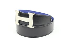 Hermès Black x Blue Size 90 32mm Reversible H Logo Belt Brushed Silver 121h59