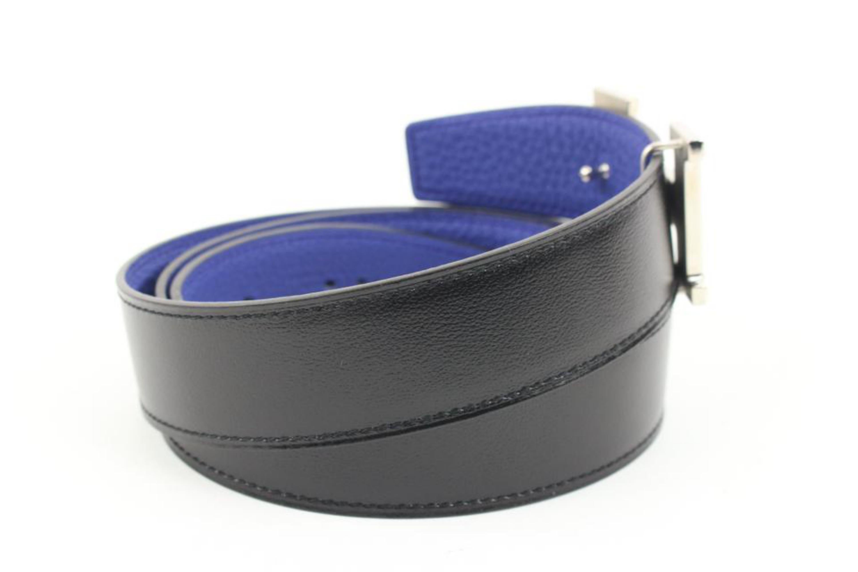 Gray Hermès Black x Blue Size 90 32mm Reversible H Logo Belt Brushed Silver 121h59 For Sale