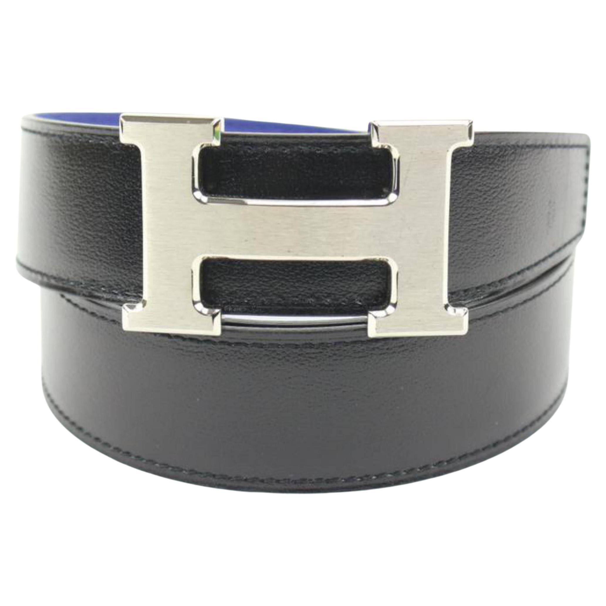 Hermès Black x Blue Size 90 32mm Reversible H Logo Belt Brushed Silver 121h59 For Sale