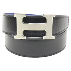 Hermès Schwarz x Blau Größe 90 32mm Wendbarer H Logo Gürtel gebürstetes Silber 121h59