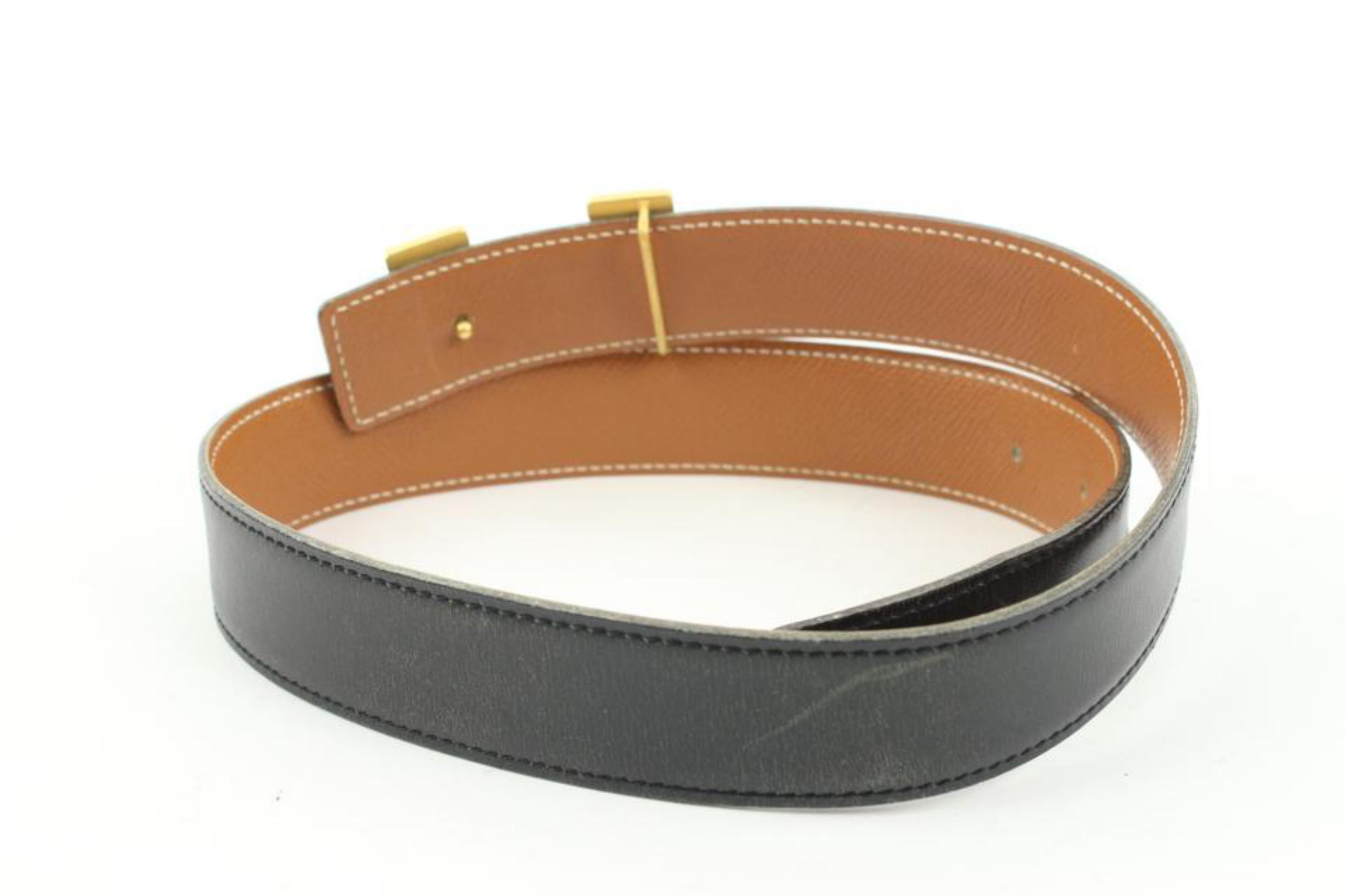 Hermès - Ceinture noire x marron 18 mm H avec logo et chaîne dorée 121h61 en vente 4