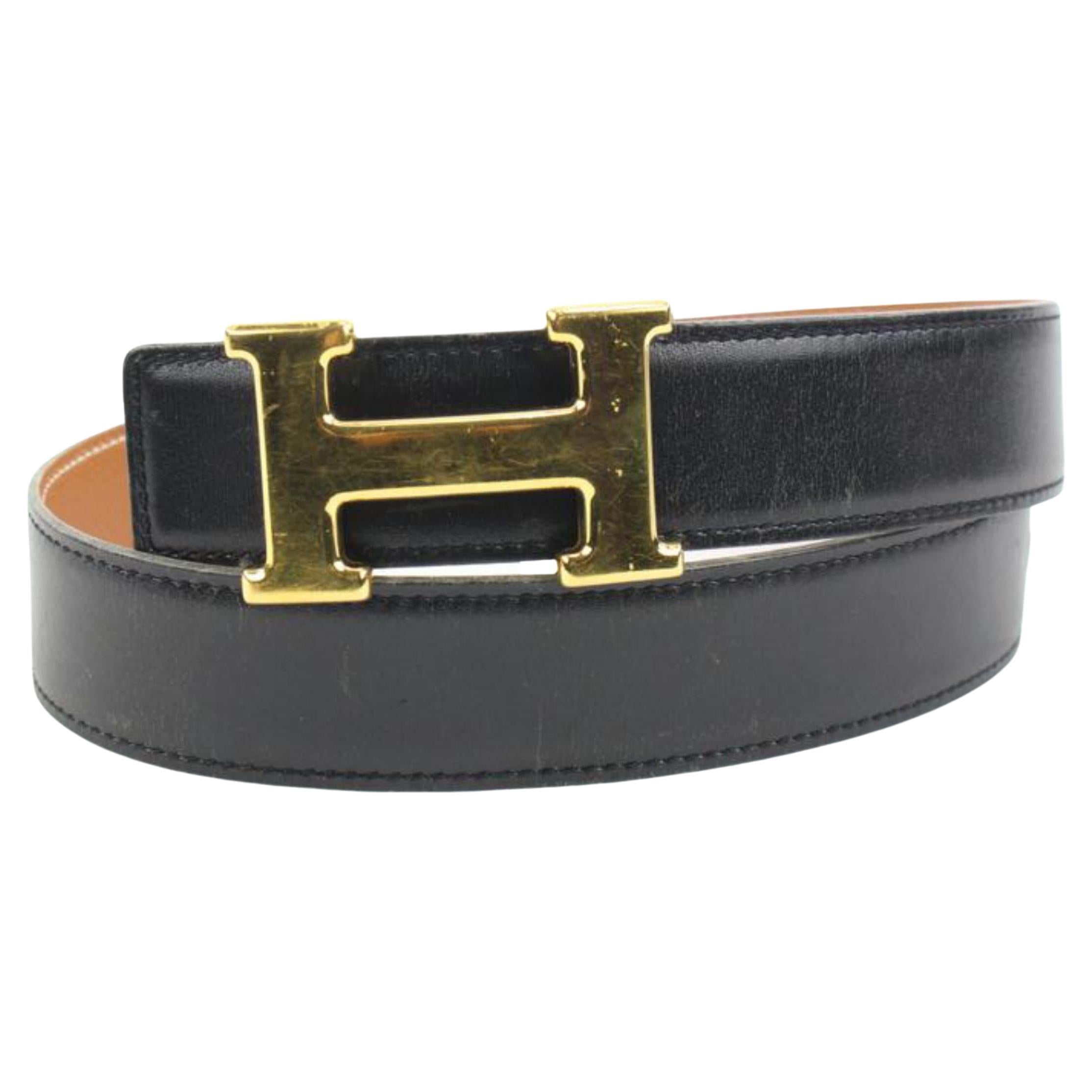 Hermès - Ceinture noire x marron 18 mm H avec logo et chaîne dorée 121h61 en vente