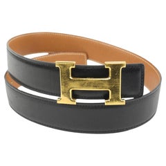 Hermès Black x Brown 32mm H Logo Belt Kit Gold Buckle 3h318s