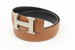 Hermès Black x Brown 32mm Reversible Guilloche H Logo Belt Kit Silver 7h318s