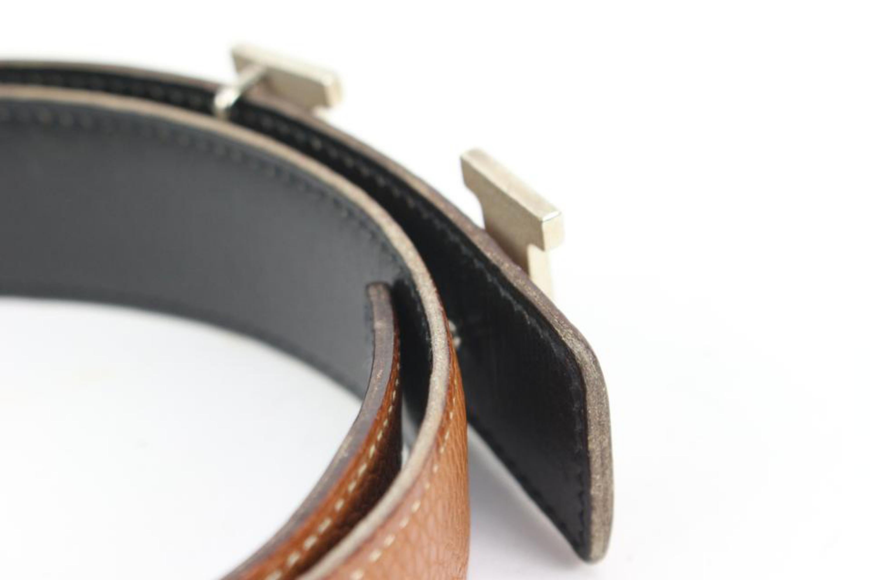 Hermès Black x Brown 32mm Reversible Guilloche H Logo Belt Kit Silver 7h318s In Good Condition In Dix hills, NY