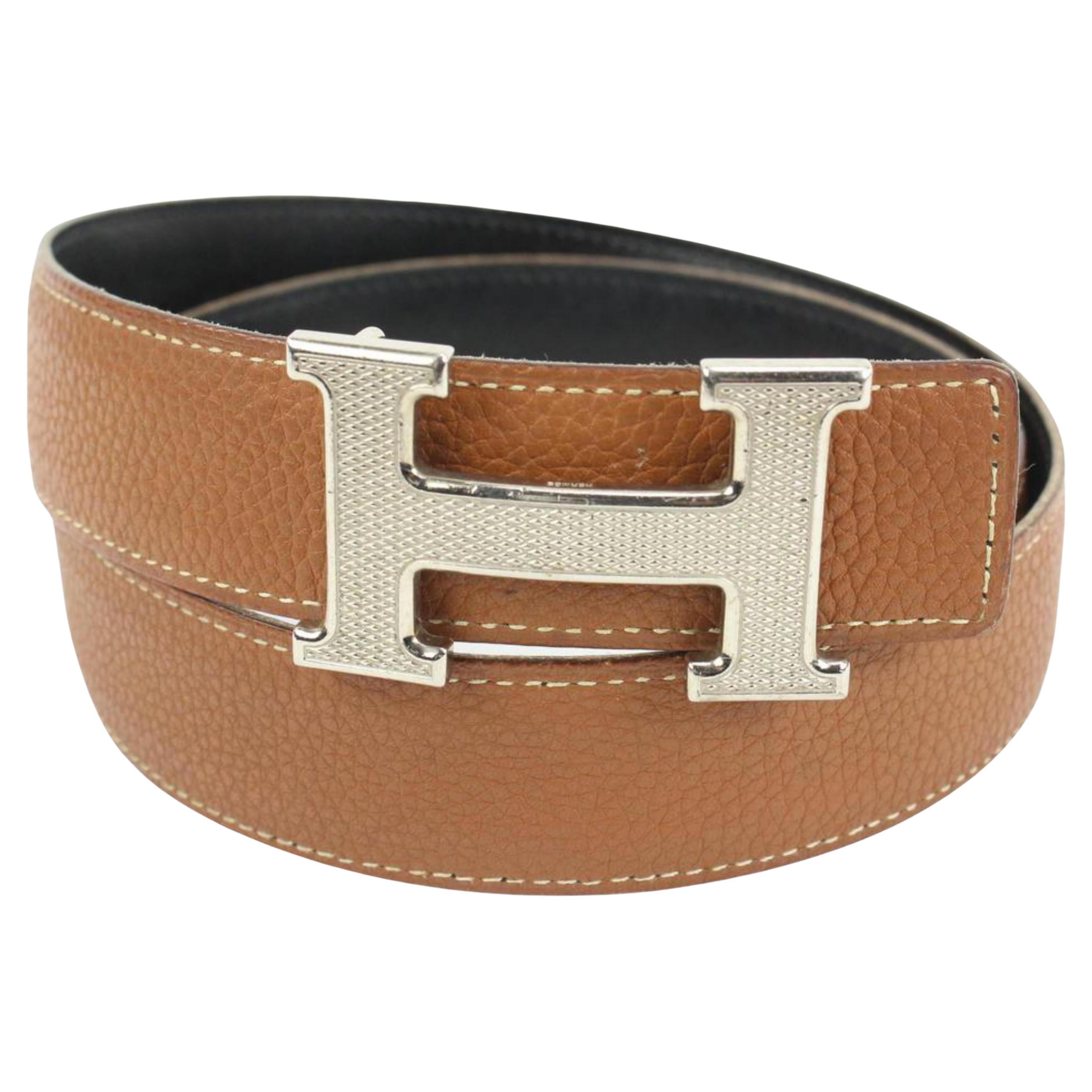Hermès Black x Brown 32mm Reversible Guilloche H Logo Belt Kit Silver 7h318s