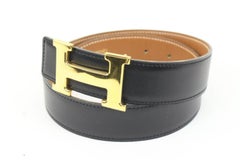 Hermès Schwarz x Braun x Gold 32mm Reversible H Logo Gürtel Kit 49h421s
