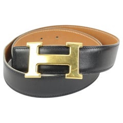 Hermès Schwarz x Braun x Gold 32mm Reversible H Logo Gürtel Kit s331h52