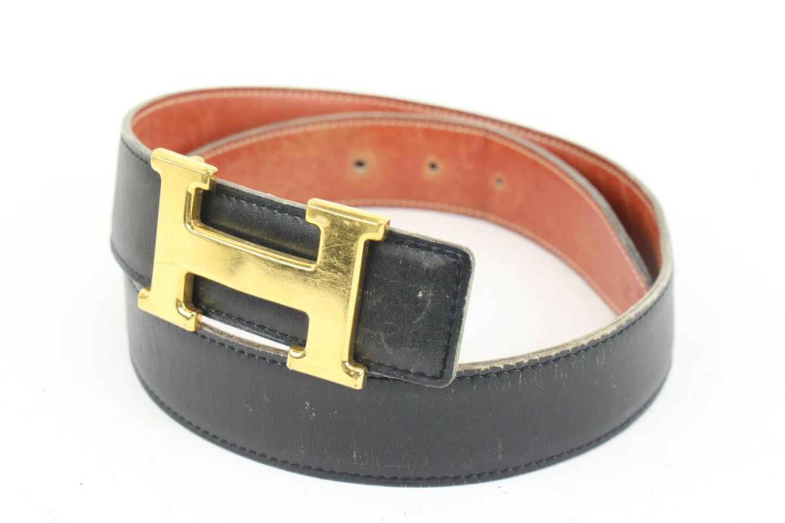 Hermès Black x Gold 32mm Reversible H Logo Belt Kit 50h421s In Fair Condition For Sale In Dix hills, NY