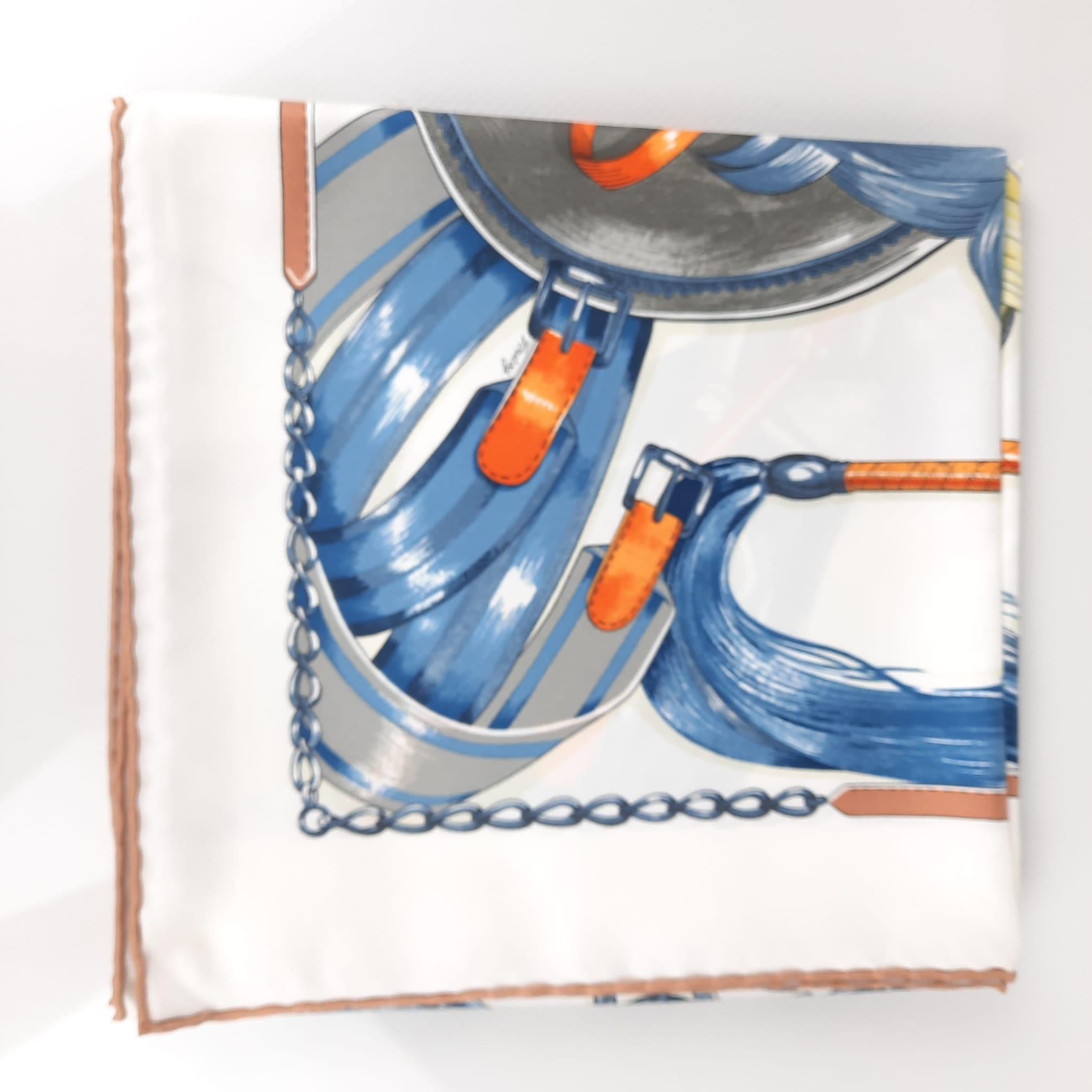 Hermes Blanc / Bleu Jean / Vert Cavalcades scarf 90 In New Condition In Nicosia, CY