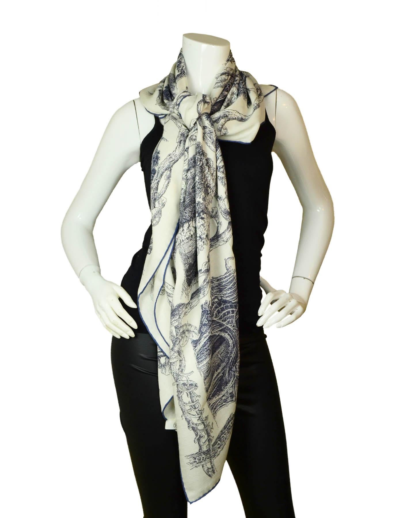 Hermes Blanc/Encre/Indigo Les Cabanes 140cm Silk/Cashmere Shawl Scarf François Houtin.  Please note,  this item was purchased at a Hermes sale and the tag is stamped with an 