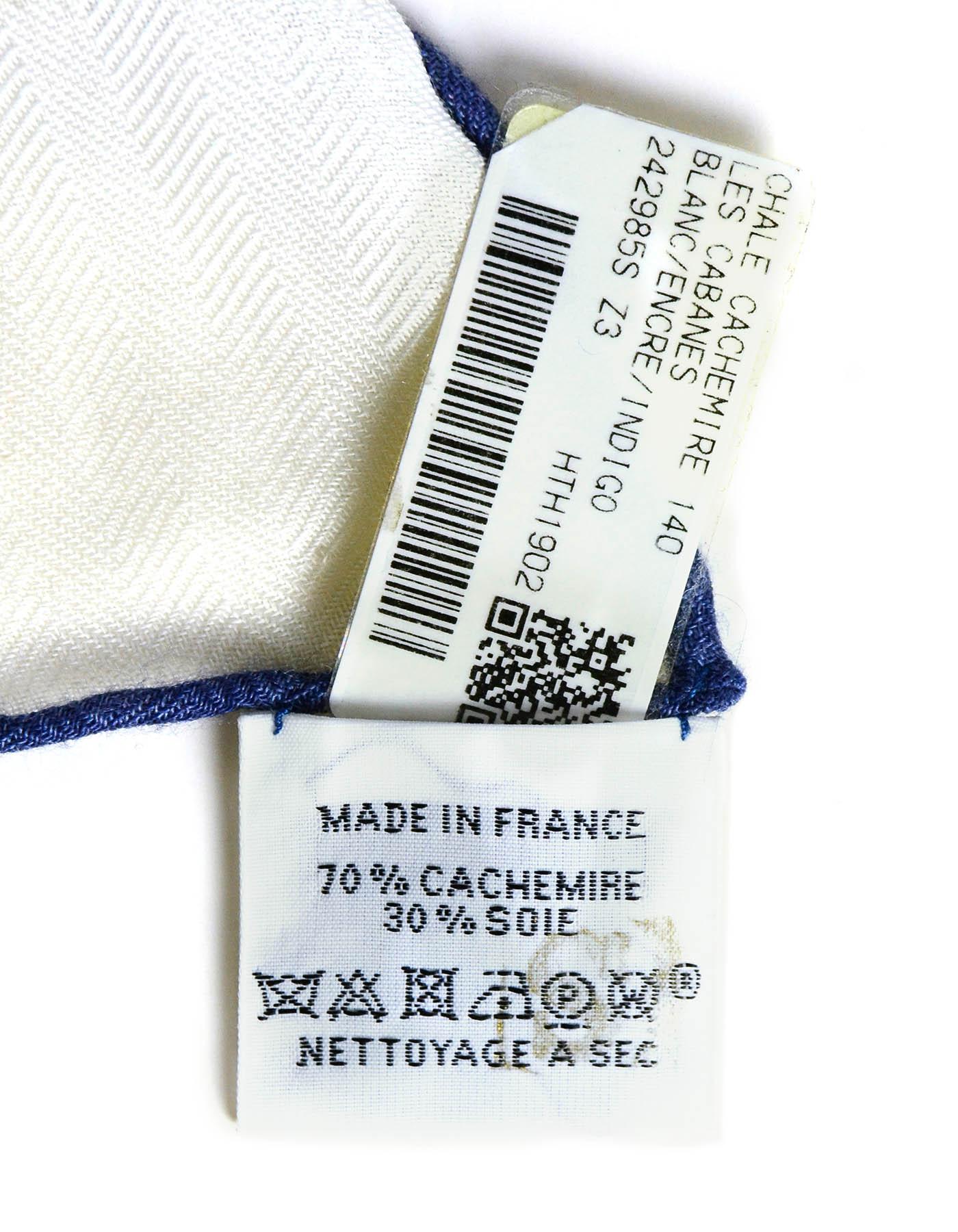 Hermes Blanc/Encre/Indigo Les Cabanes 140cm Silk/Cashmere Shawl Scarf F Houtin In Excellent Condition In New York, NY