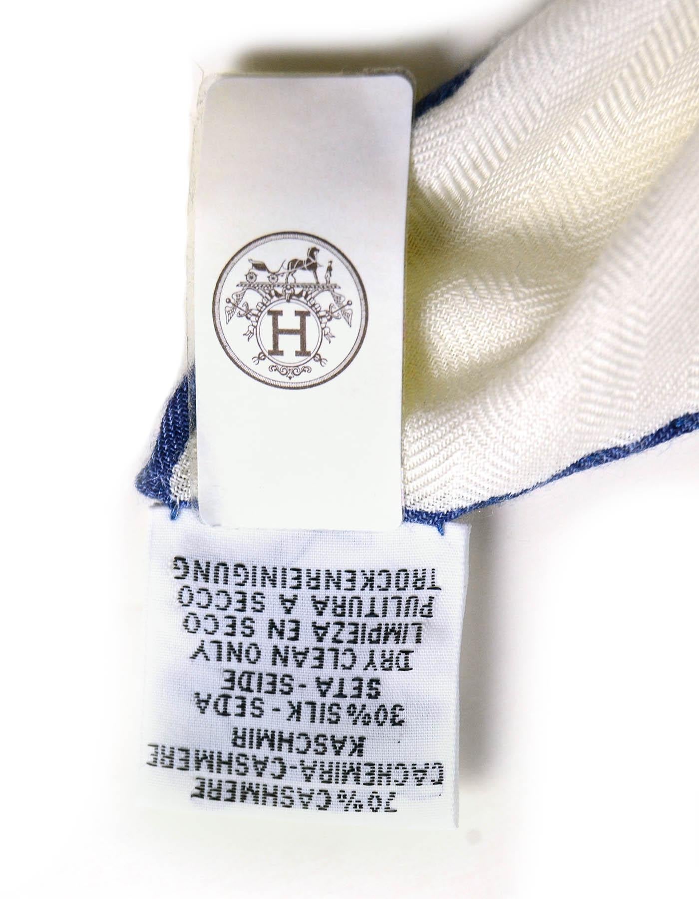 Women's Hermes Blanc/Encre/Indigo Les Cabanes 140cm Silk/Cashmere Shawl Scarf F Houtin
