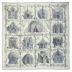 Hermes Blanc/Encre/Indigo Les Cabanes 140cm Silk/Cashmere Shawl Scarf F Houtin