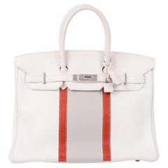 Hermès Blanc, Gris Perle Clemence Leather & Lizard Leather Club Birkin 35cm