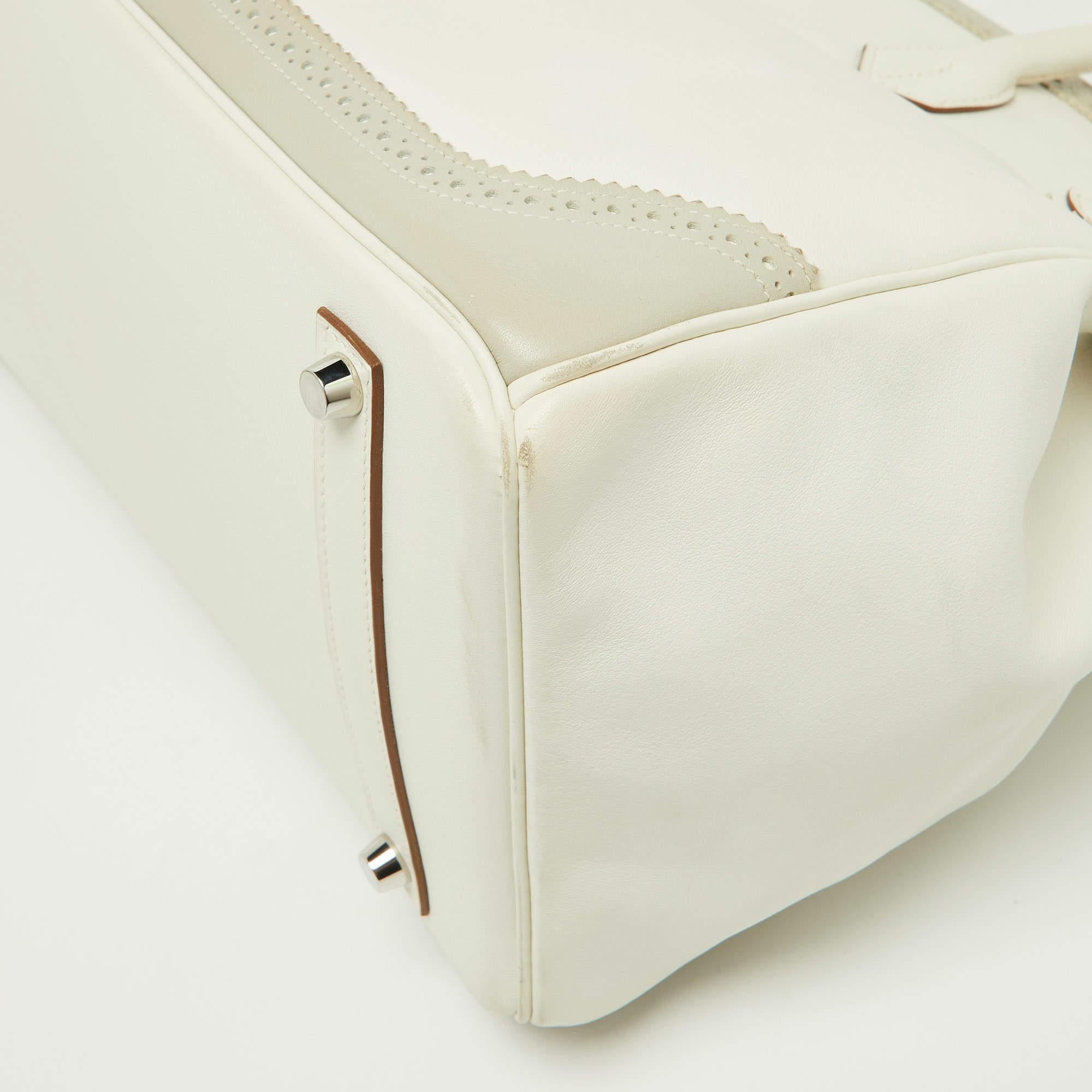 Hermes Blanc/Gris Swift Leather Palladium Finish Ghillies Birkin 35 Bag For Sale 6