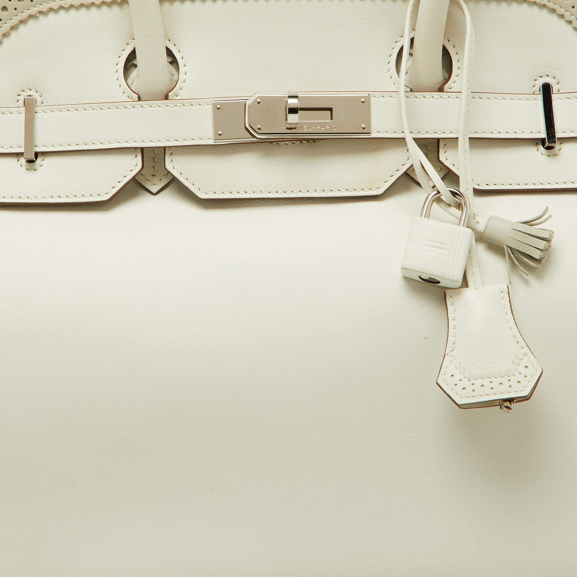 Hermes Blanc/Gris Swift Leather Palladium Finish Ghillies Birkin 35 Bag For Sale 8