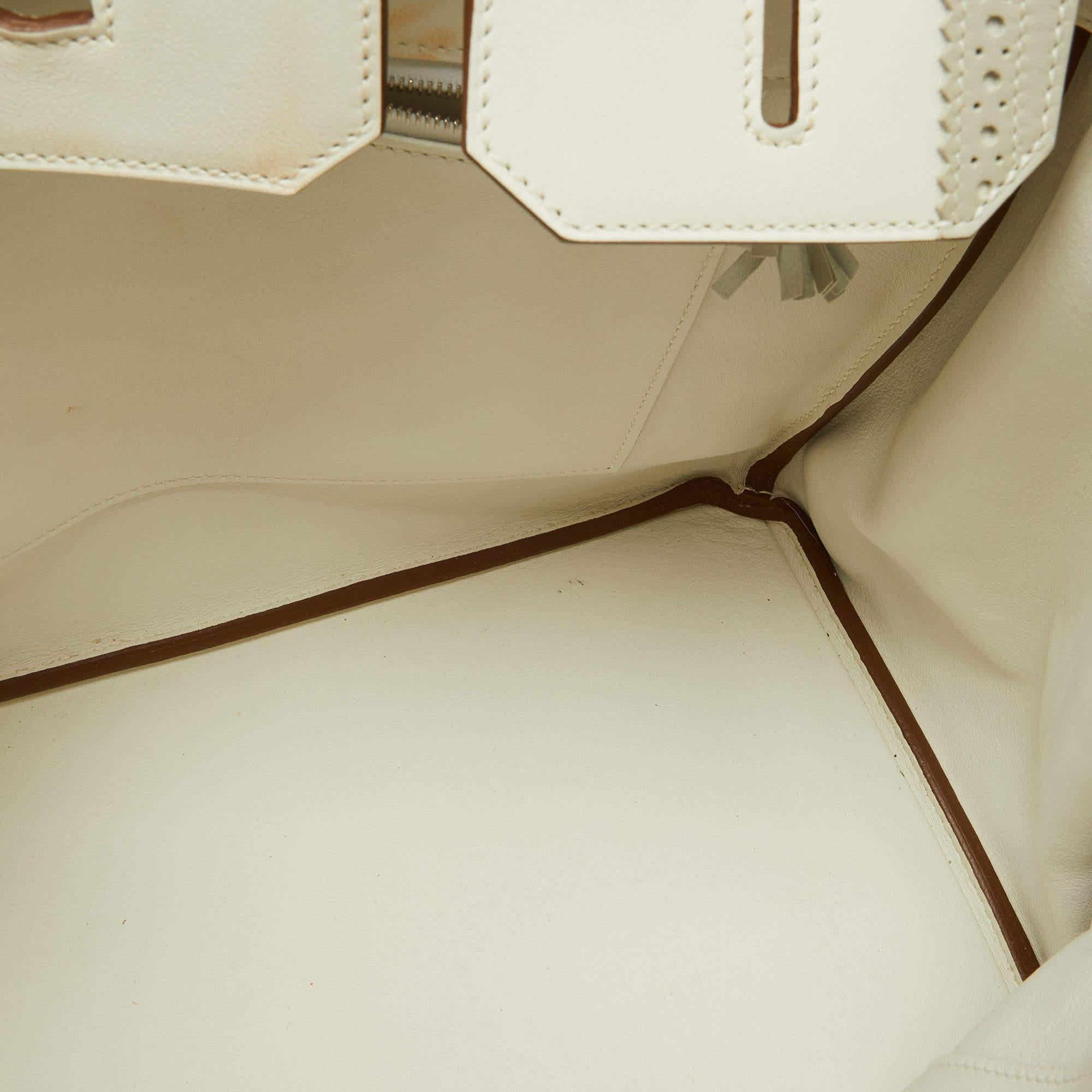 Hermes Blanc/Gris Swift Leather Palladium Finish Ghillies Birkin 35 Bag For Sale 10