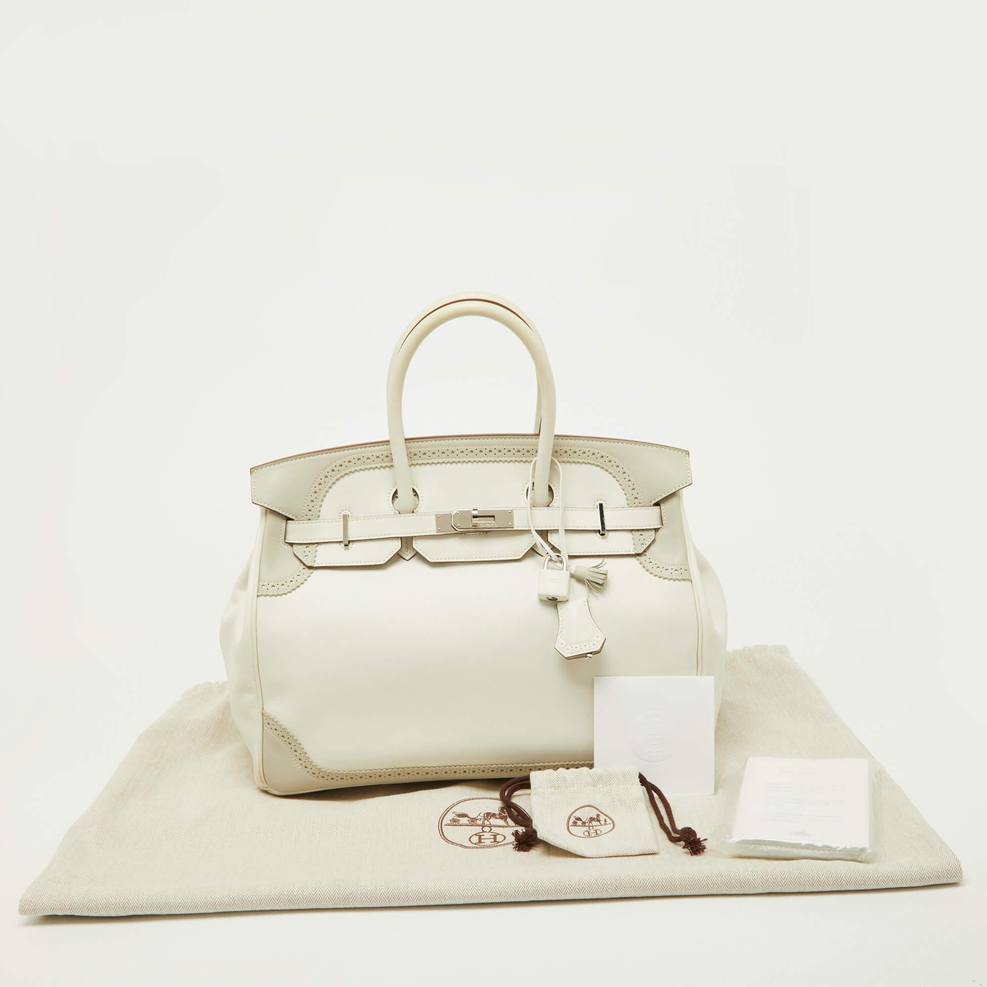 Hermes Blanc/Gris Swift Leather Palladium Finish Ghillies Birkin 35 Bag For Sale 16