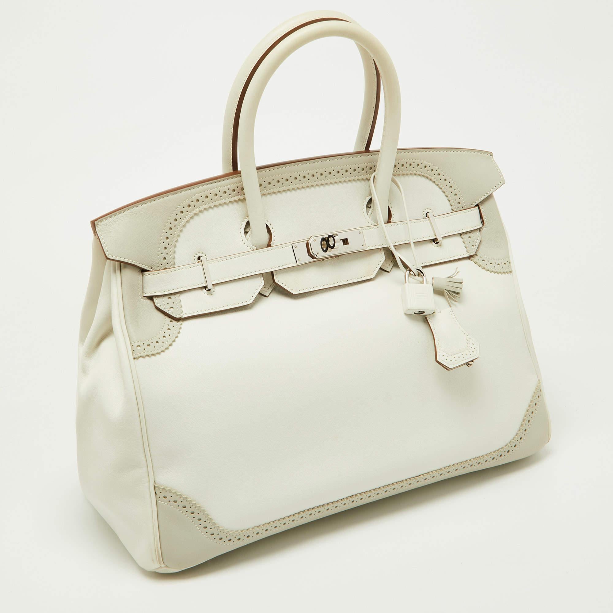 Women's Hermes Blanc/Gris Swift Leather Palladium Finish Ghillies Birkin 35 Bag For Sale